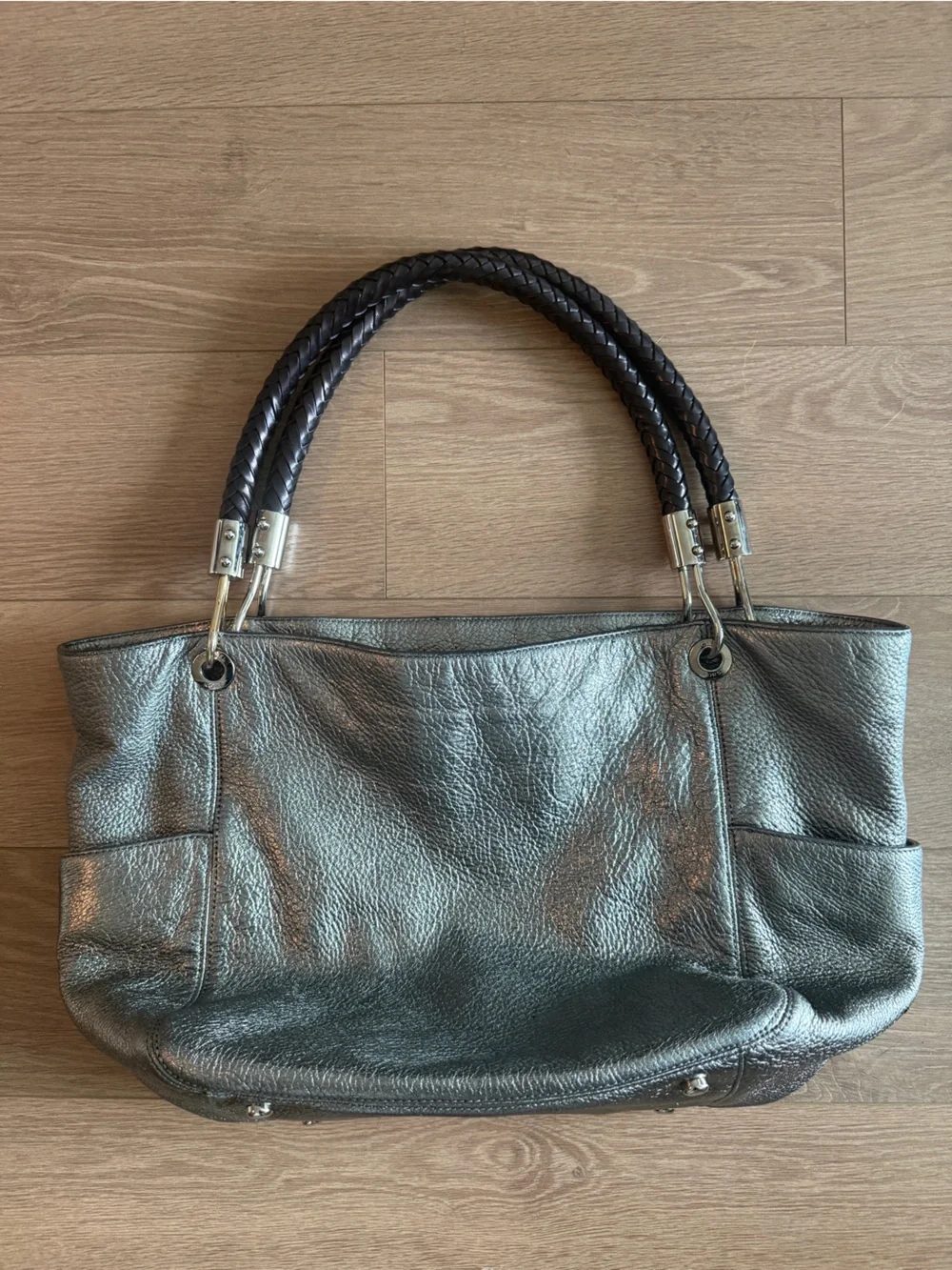 Michael Kors Skorpios Metallic Silver Leather Tote Bag Purse with Braided Handle